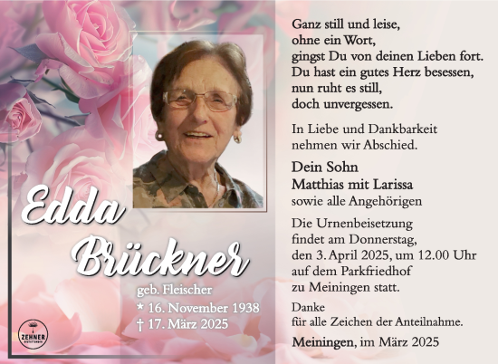Traueranzeige von Edda Brückner von Südthüringer Presse