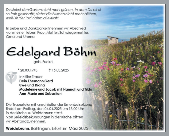 Traueranzeige von Edelgard Böhm von Südthüringer Presse