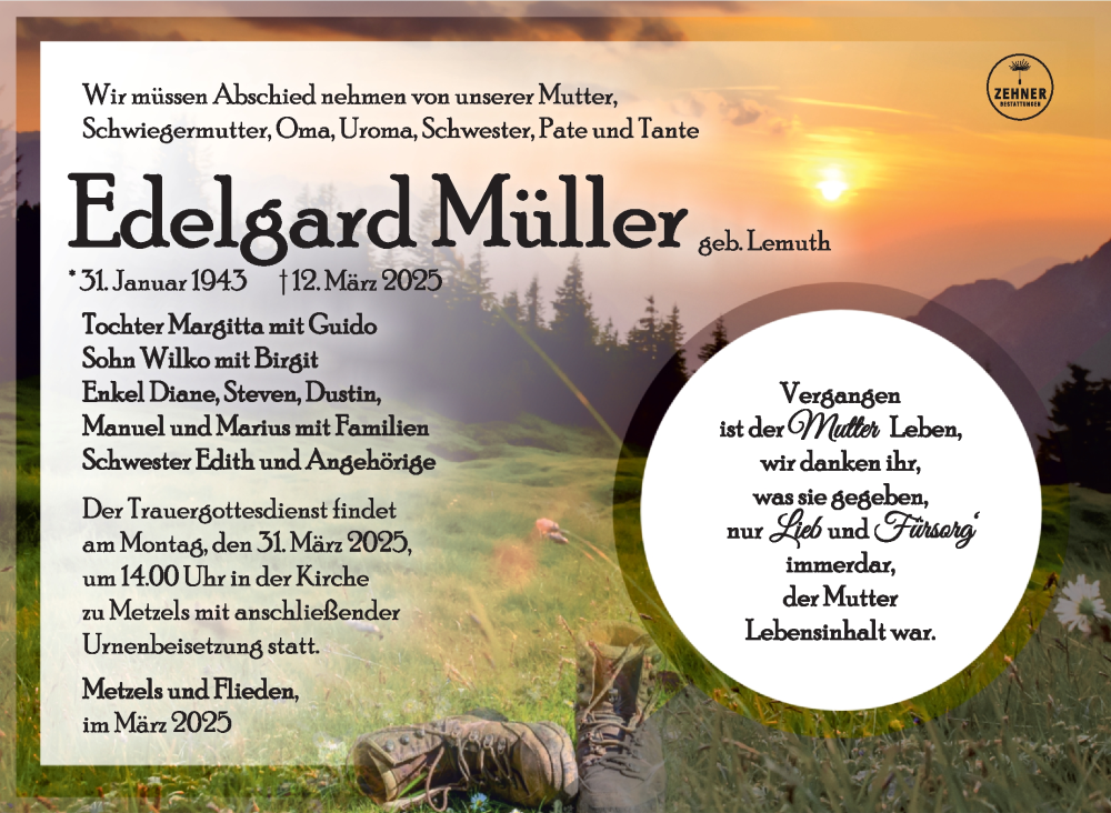  Traueranzeige für Edelgard Müller vom 28.03.2025 aus Südthüringer Presse