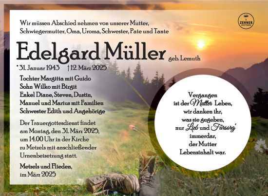 Traueranzeige von Edelgard Müller von Südthüringer Presse