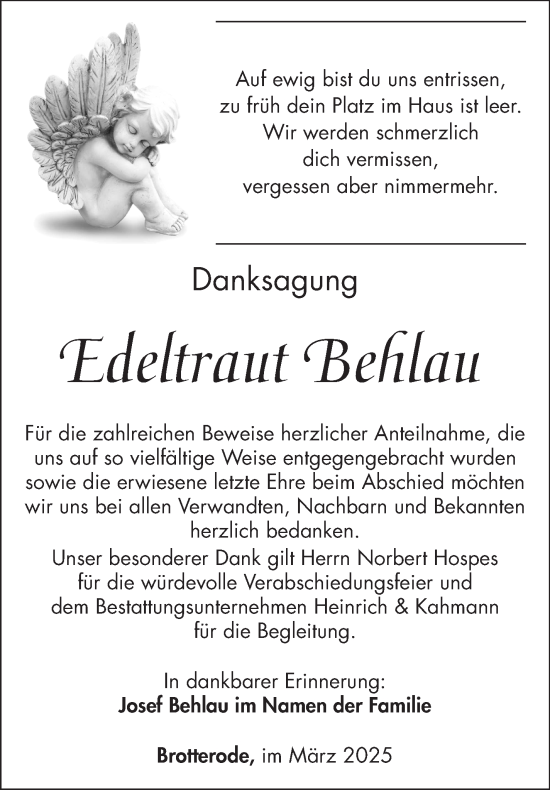 Traueranzeige von Edeltraut Behlau von Südthüringer Presse