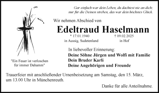 Traueranzeige von Edeltraud Haselmann von Frankenpost