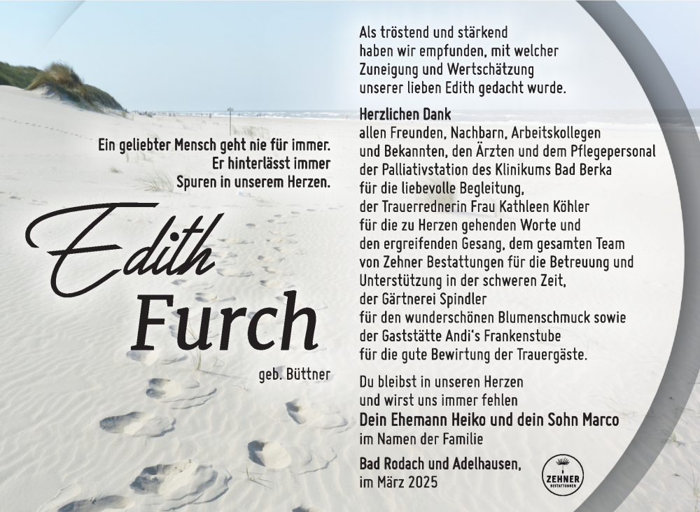  Traueranzeige für Edith Furch vom 15.03.2025 aus Südthüringer Presse