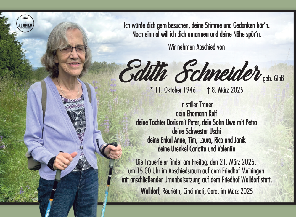  Traueranzeige für Edith Schneider vom 15.03.2025 aus Südthüringer Presse