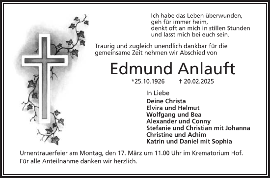 Traueranzeige von Edmund Anlauft von Frankenpost