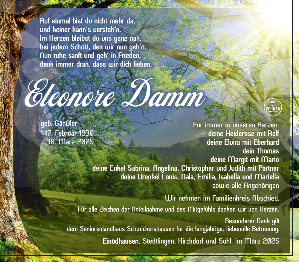  Traueranzeige für Eleonore Damm vom 29.03.2025 aus Südthüringer Presse