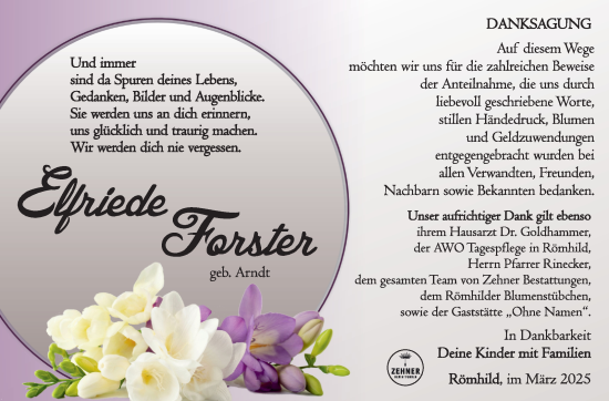 Traueranzeige von Elfriede Forster von Südthüringer Presse