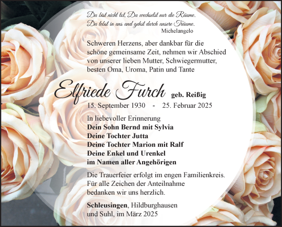 Traueranzeige von Elfriede Furch von Südthüringer Presse