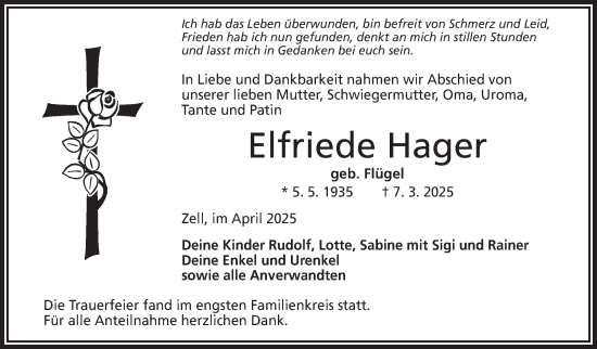 Traueranzeige von Elfriede Hager von Frankenpost