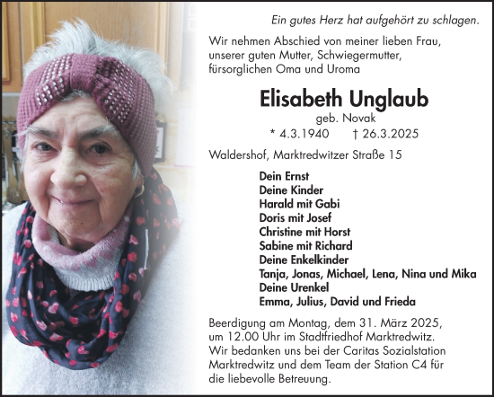 Traueranzeige von Elisabeth Unglaub von Frankenpost