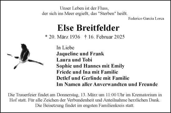 Traueranzeige von Else Breitfelder von Frankenpost
