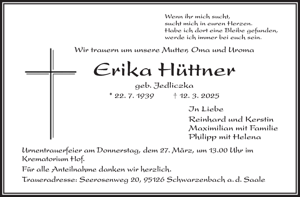  Traueranzeige für Erika Hüttner vom 22.03.2025 aus Frankenpost