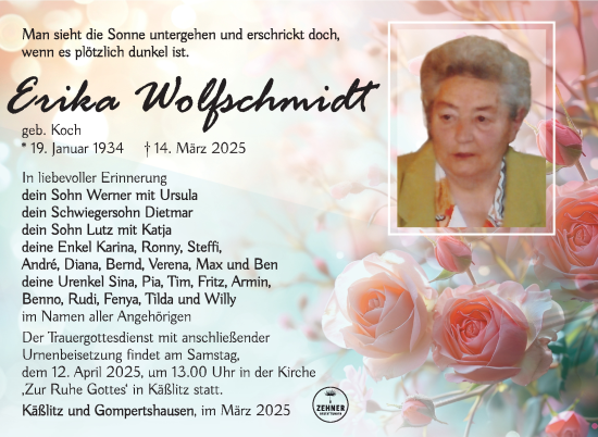 Traueranzeige von Erika Wolfschmidt von Südthüringer Presse