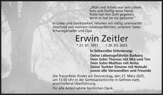 Traueranzeige von Erwin Zeitler von Frankenpost