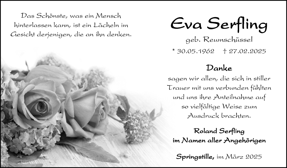  Traueranzeige für Eva Serfling vom 29.03.2025 aus Südthüringer Presse