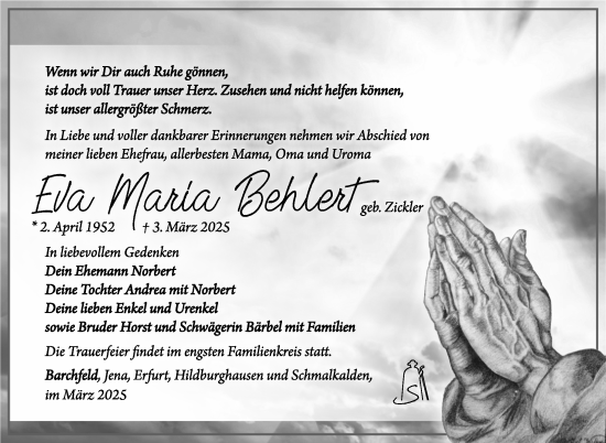 Traueranzeige von Eva Maria Behlert von Südthüringer Presse