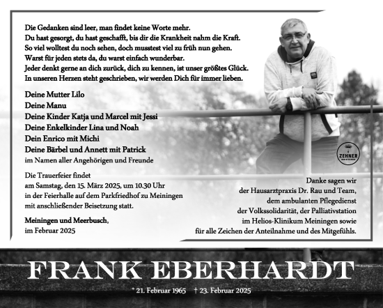 Traueranzeige von Frank Eberhardt von Südthüringer Presse
