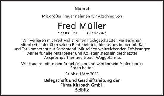Traueranzeige von Fred Müller von Frankenpost