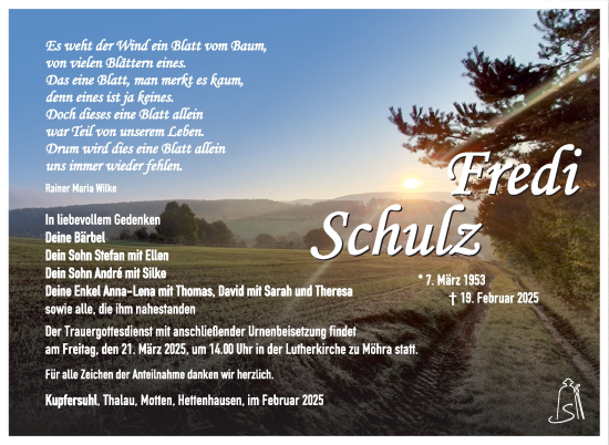 Traueranzeige von Fredi Schulz von Südthüringer Presse