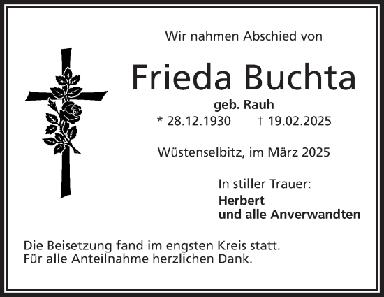 Traueranzeige von Frieda Buchta von Frankenpost