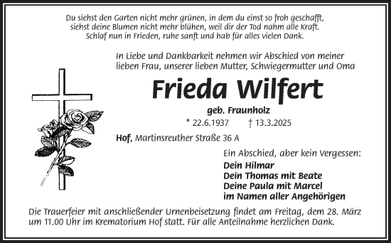 Traueranzeige von Frieda Wilfert von Frankenpost