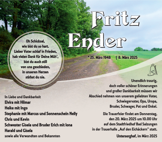 Traueranzeige von Fritz Ender von Südthüringer Presse