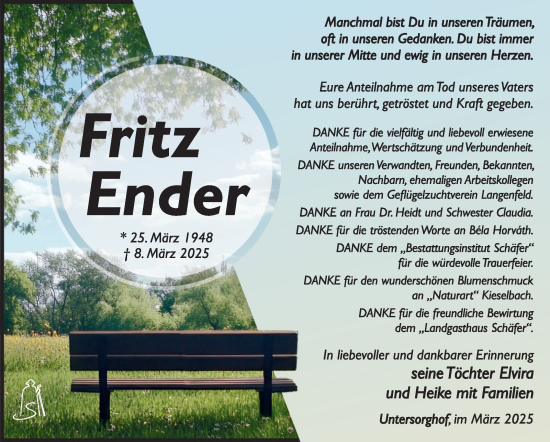 Traueranzeige von Fritz Ender von Südthüringer Presse