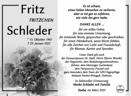 Traueranzeige von Fritz Schleder von Südthüringer Presse