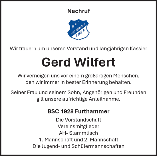 Traueranzeige von Gerd Wilfert von Frankenpost