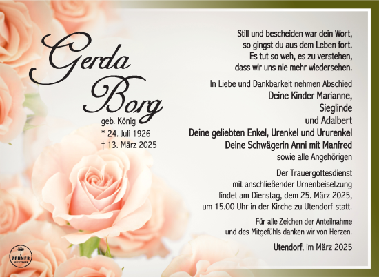 Traueranzeige von Gerda Borg von Südthüringer Presse