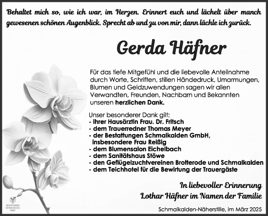 Traueranzeige von Gerda Häfner von Südthüringer Presse