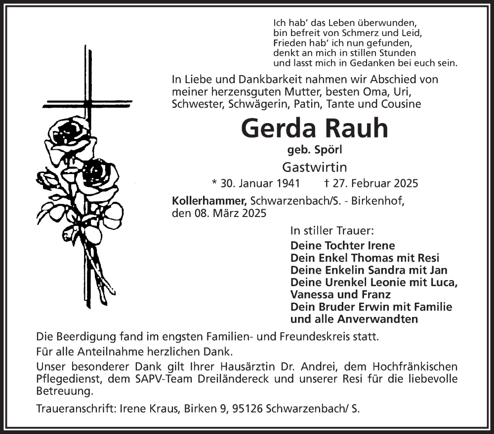  Traueranzeige für Gerda Rauh vom 08.03.2025 aus Frankenpost