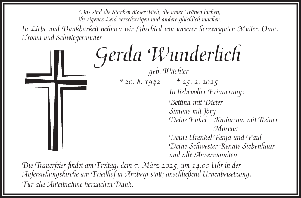  Traueranzeige für Gerda Wunderlich vom 05.03.2025 aus Frankenpost