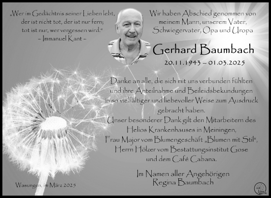 Traueranzeige von Gerhard Baumbach von Südthüringer Presse