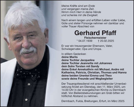 Traueranzeige von Gerhard Pfaff von Südthüringer Presse