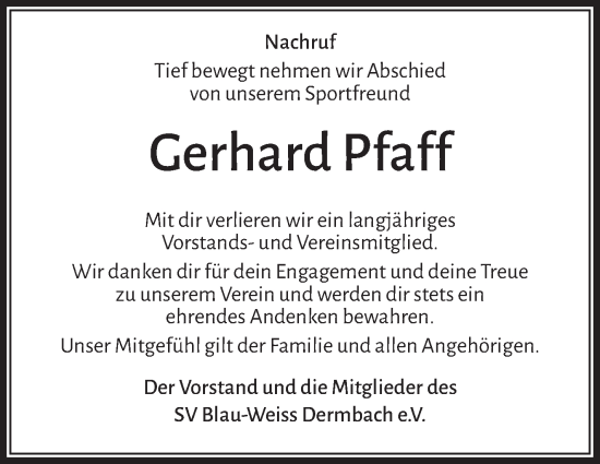 Traueranzeige von Gerhard Pfaff von Südthüringer Presse