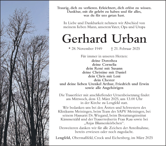 Traueranzeige von Gerhard Urban von Südthüringer Presse