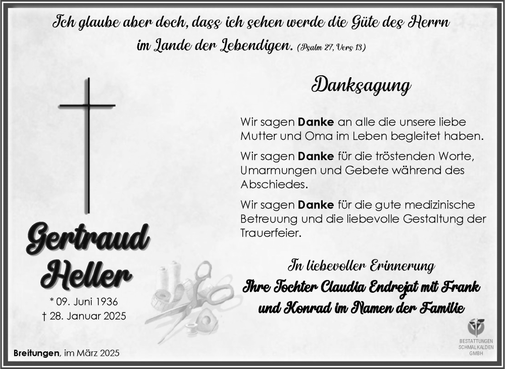  Traueranzeige für Gertraud Heller vom 08.03.2025 aus Südthüringer Presse