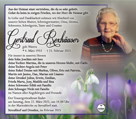 Traueranzeige von Gertrud Rexhäuser von Südthüringer Presse