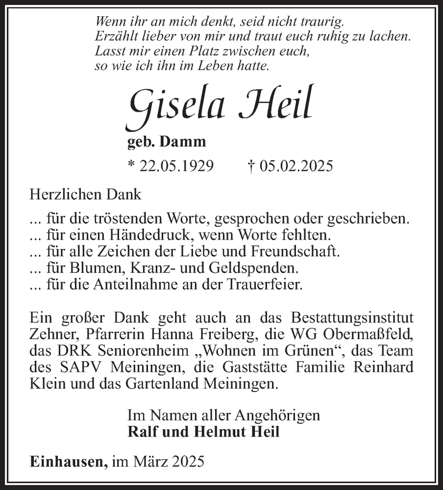  Traueranzeige für Gisela Heil vom 07.03.2025 aus Südthüringer Presse