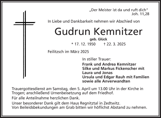 Traueranzeige von Gudrun Kemnitzer von Frankenpost