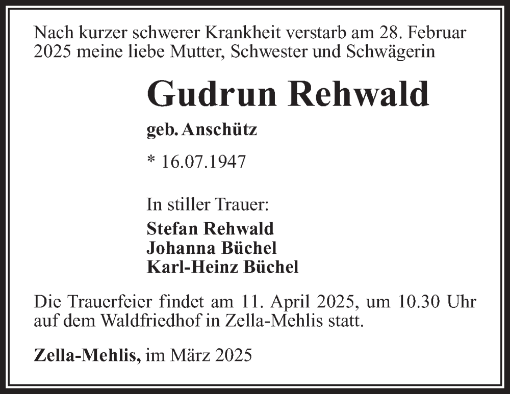  Traueranzeige für Gudrun Rehwald vom 22.03.2025 aus Südthüringer Presse