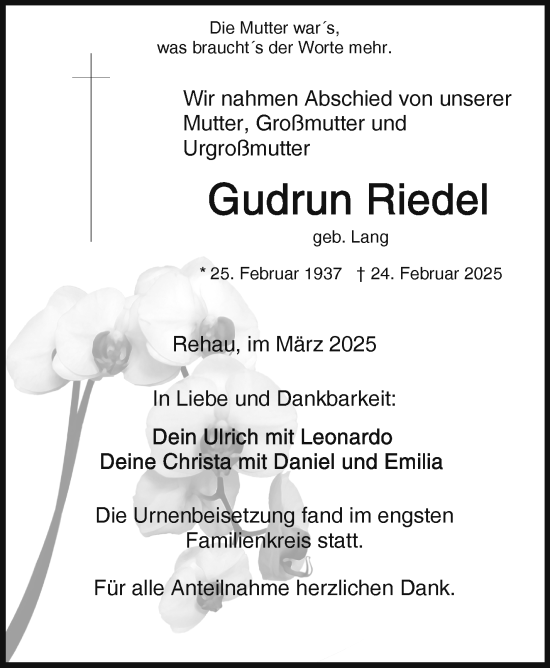 Traueranzeige von Gudrun Riedel von Frankenpost