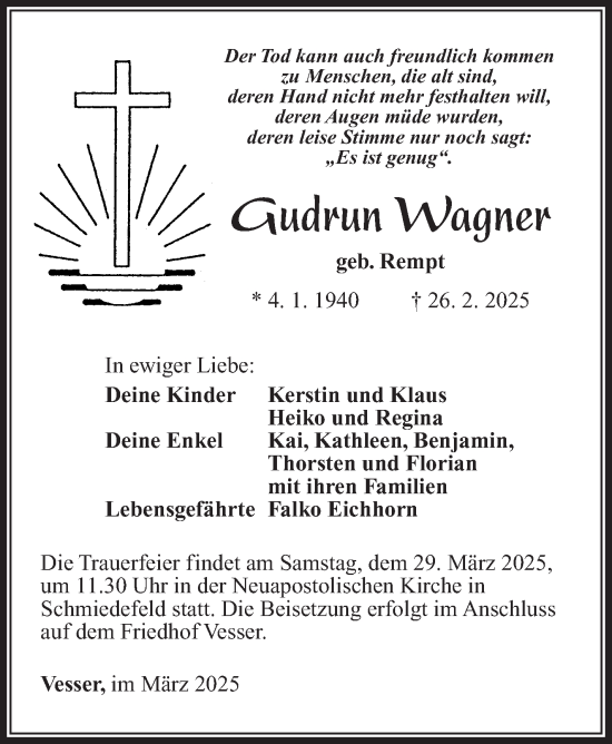 Traueranzeige von Gudrun Wagner von Südthüringer Presse