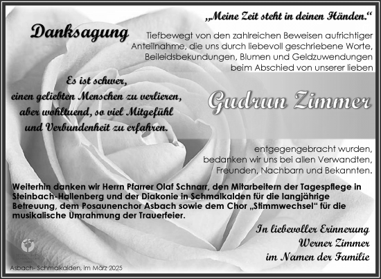 Traueranzeige von Gudrun Zimmer von Südthüringer Presse