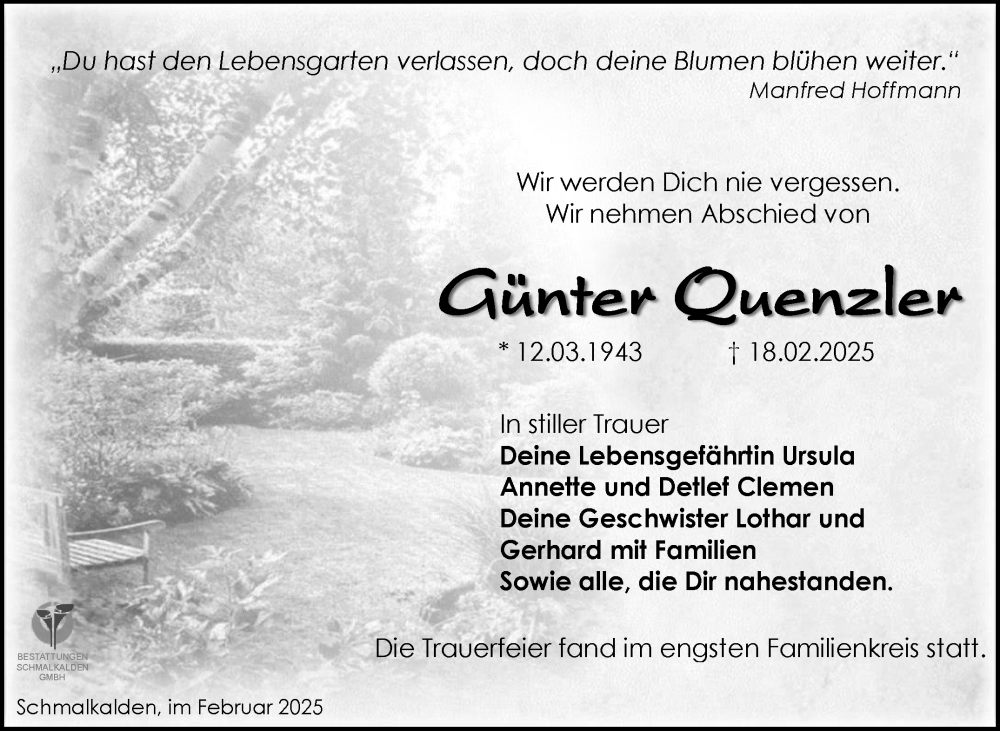  Traueranzeige für Günter Quenzler vom 08.03.2025 aus Südthüringer Presse