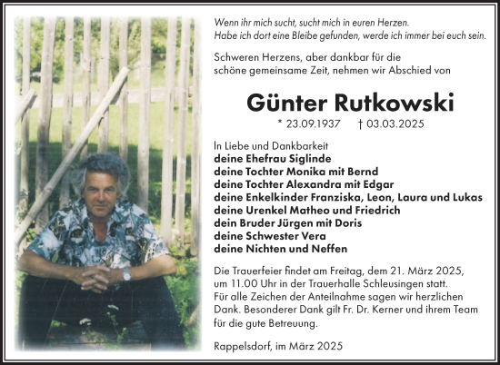 Traueranzeige von Günter Rutkowski von Südthüringer Presse