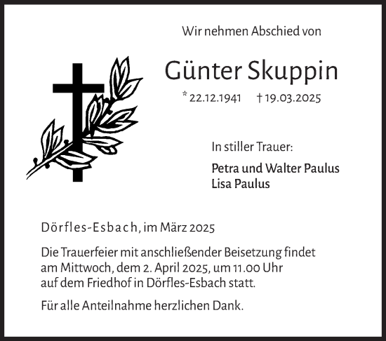 Traueranzeige von Günter Skuppin von Neue Presse Coburg
