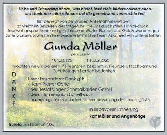 Traueranzeige von Gunda Möller von Südthüringer Presse