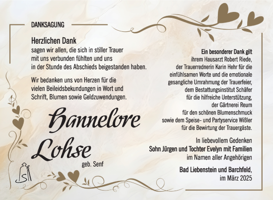 Traueranzeige von Hannelore Lohse von Südthüringer Presse